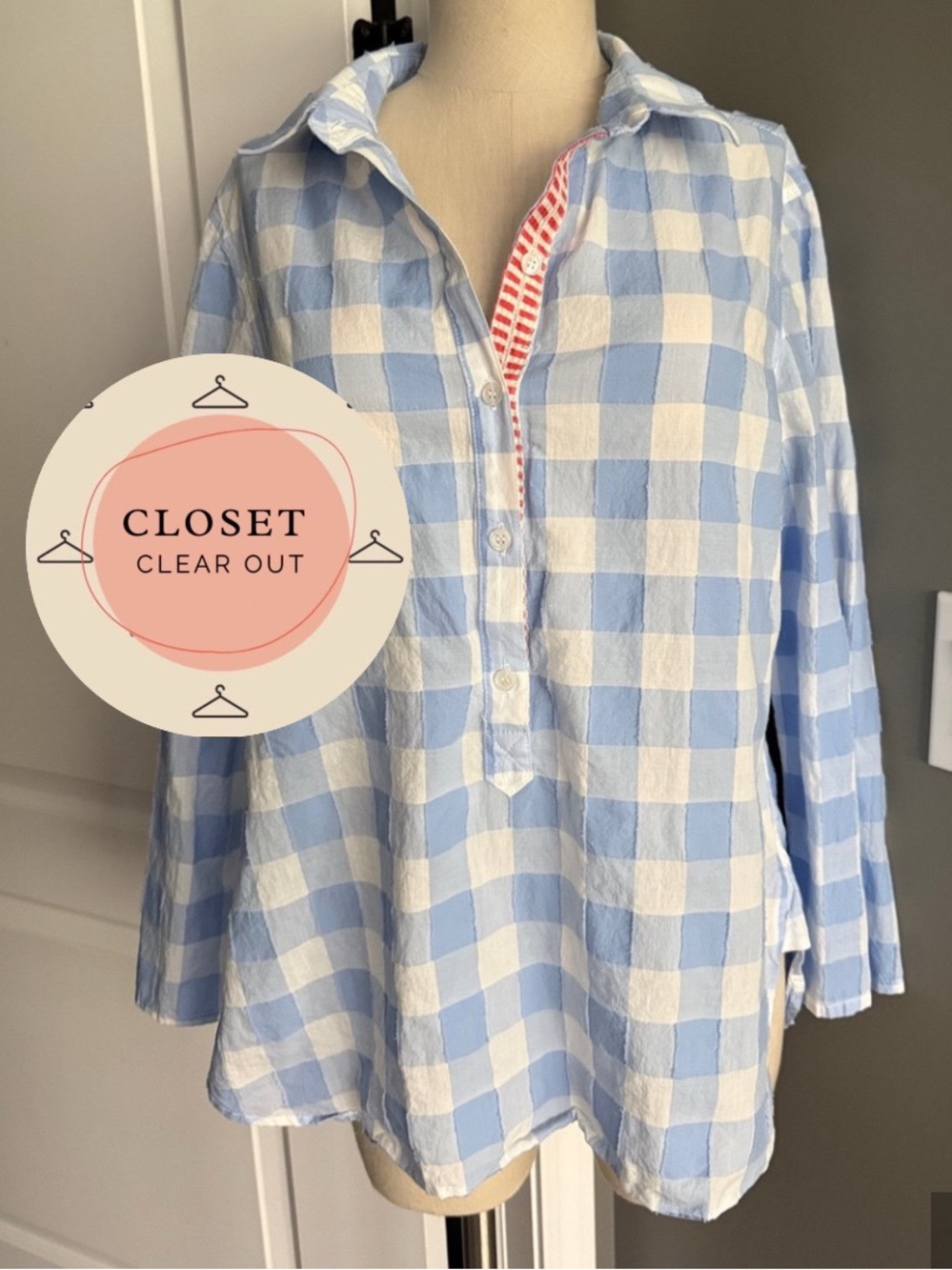 Persifor Blue & White Gingham Button Down Shirt Blouse with Contrasting Orange